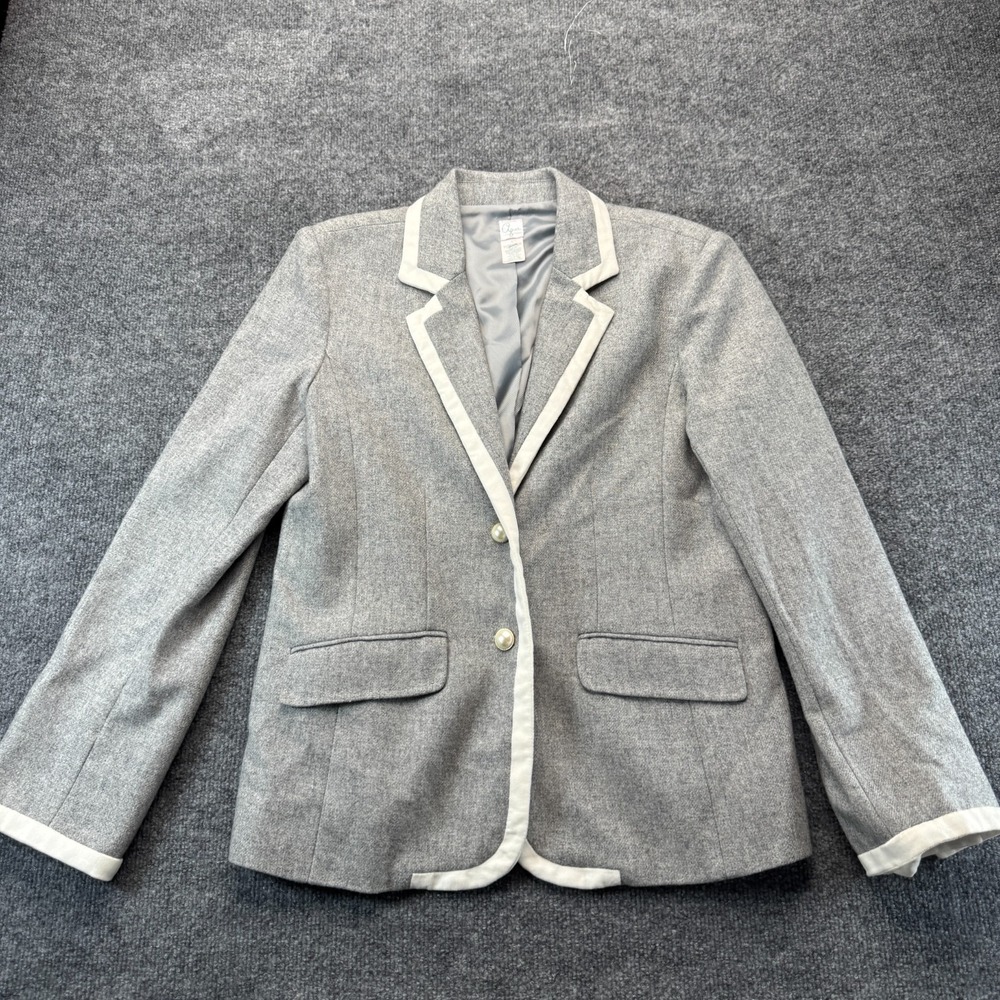 Aqua Gray Wool Blend Tailored Blazer Jacket White Piping Pearl Buttons Womens L